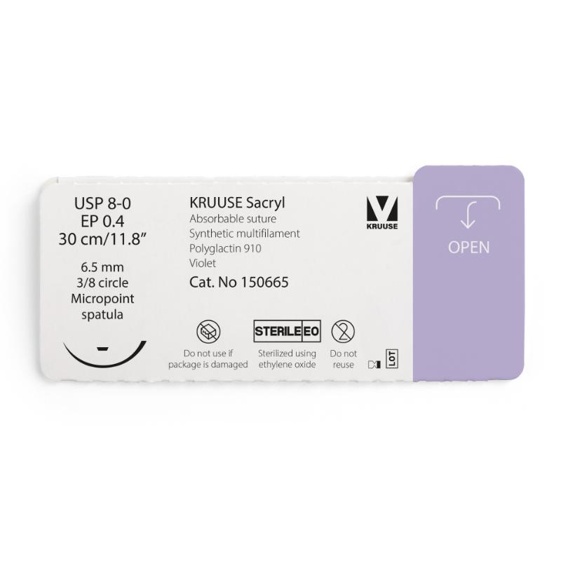 KRUUSE Sacryl Suture, USP 8-0/EP 0.4, 30 cm/11.8", violet, 6.5 mm needle, 3/8 circle, micropoint spatula, 12/pk KRUUSE Sacryl Suture, USP 8-0/EP 0.4, 30 cm/11.8", violet, 6.5 mm needle, 3/8 circle, micropoint spatula, 12/pk