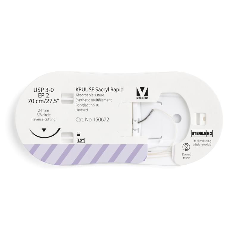KRUUSE Sacryl Rapid Suture, USP 3-0/EP 2, 70 cm/27.5", undyed, 24 mm needle, 3/8 circle, reverse cutting, 12/pk KRUUSE Sacryl Rapid Suture, USP 3-0/EP 2, 70 cm/27.5", undyed, 24 mm needle, 3/8 circle, reverse cutting, 12/pk