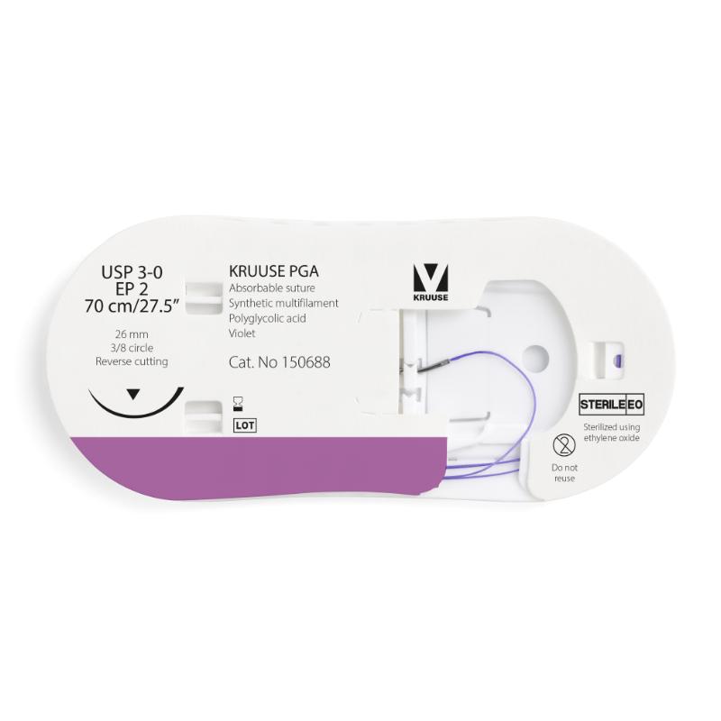 KRUUSE PGA Suture, USP 3-0/EP 2, 70 cm/27.5", violet, 26 mm needle, 3/8 circle, reverse cutting, 12/pk KRUUSE PGA Suture, USP 3-0/EP 2, 70 cm/27.5", violet, 26 mm needle, 3/8 circle, reverse cutting, 12/pk