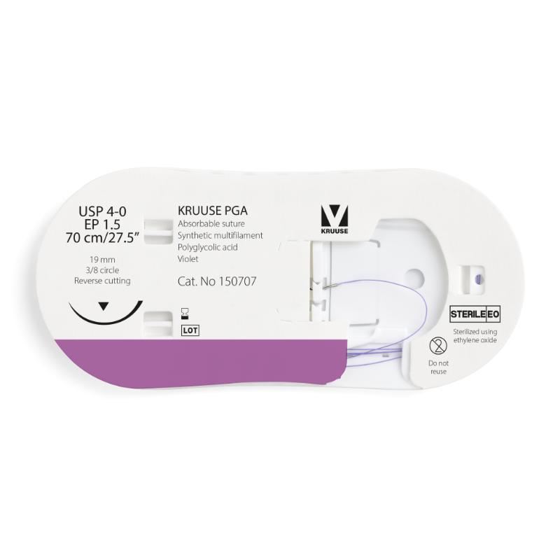 KRUUSE PGA Suture, USP 4-0/EP 1.5, 70 cm/27.5", violet,19 mm needle, 3/8 circle, reverse cutting, 12/pk KRUUSE PGA Suture, USP 4-0/EP 1.5, 70 cm/27.5", violet,19 mm needle, 3/8 circle, reverse cutting, 12/pk
