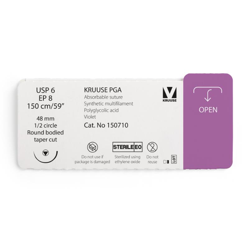 KRUUSE PGA Suture, USP 6/EP 8, 150 cm/59", violet, 48 mm needle, 1/2 circle, round bodied, taper cut, 12/pk KRUUSE PGA Suture, USP 6/EP 8, 150 cm/59", violet, 48 mm needle, 1/2 circle, round bodied, taper cut, 12/pk