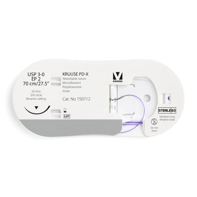 KRUUSE PD-X Suture, USP 3-0/EP 2, 70 cm/27.5", violet, 26 mm needle, 3/8 circle, reverse cutting, 12/pk KRUUSE PD-X Suture, USP 3-0/EP 2, 70 cm/27.5", violet, 26 mm needle, 3/8 circle, reverse cutting, 12/pk