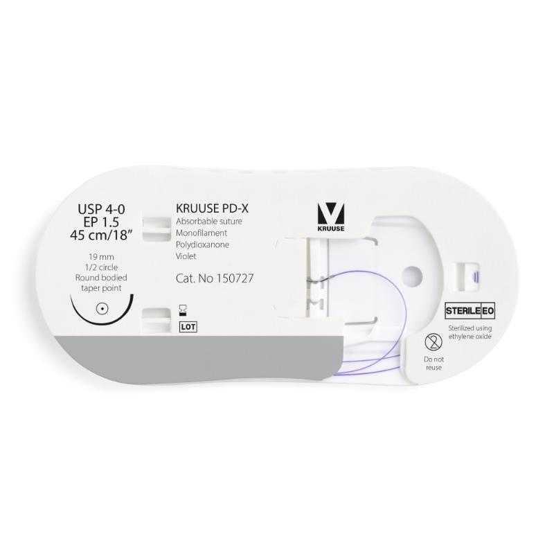 KRUUSE PD-X Suture, USP 4-0/EP 1.5, 45 cm/18" violet, 19 mm needle, 1/2 circle, round bodied, taper point, 12/pk KRUUSE PD-X Suture, USP 4-0/EP 1.5, 45 cm/18" violet, 19 mm needle, 1/2 circle, round bodied, taper point, 12/pk
