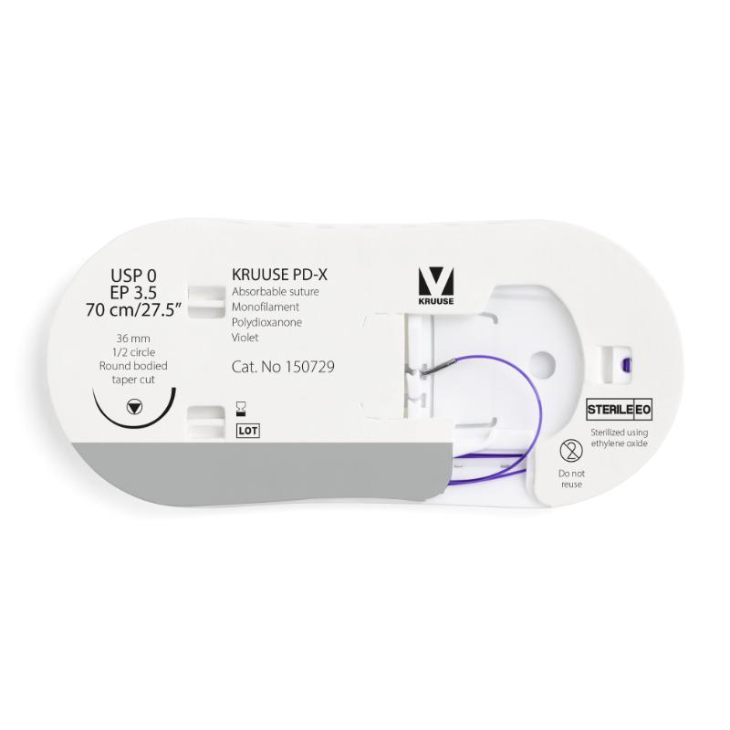 KRUUSE PD-X Suture, USP 0/EP 3.5, 70 cm/27.5", violet, 36 mm needle, 1/2 circle, round bodied, taper cut, 12/pk KRUUSE PD-X Suture, USP 0/EP 3.5, 70 cm/27.5", violet, 36 mm needle, 1/2 circle, round bodied, taper cut, 12/pk