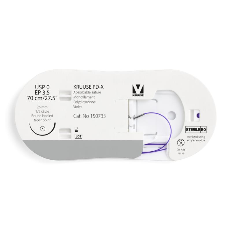 KRUUSE PD-X Suture, USP 0/EP 3.5, 70 cm/27.5", violet, 26 mm needle, 1/2 circle, round bodied, taper point, 12/pk KRUUSE PD-X Suture, USP 0/EP 3.5, 70 cm/27.5", violet, 26 mm needle, 1/2 circle, round bodied, taper point, 12/pk
