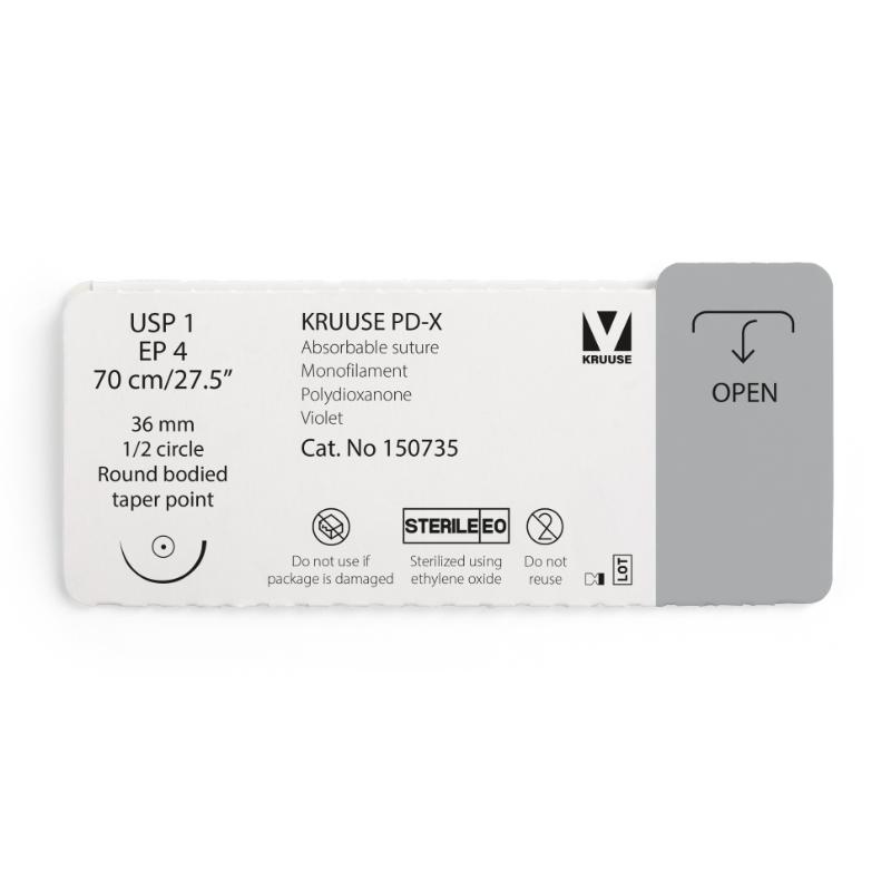 KRUUSE PD-X Suture, USP 1/EP 4, 70 cm/27.5", violet, 36 mm needle, 1/2 circle, round bodied, taper point, 12/pk KRUUSE PD-X Suture, USP 1/EP 4, 70 cm/27.5", violet, 36 mm needle, 1/2 circle, round bodied, taper point, 12/pk
