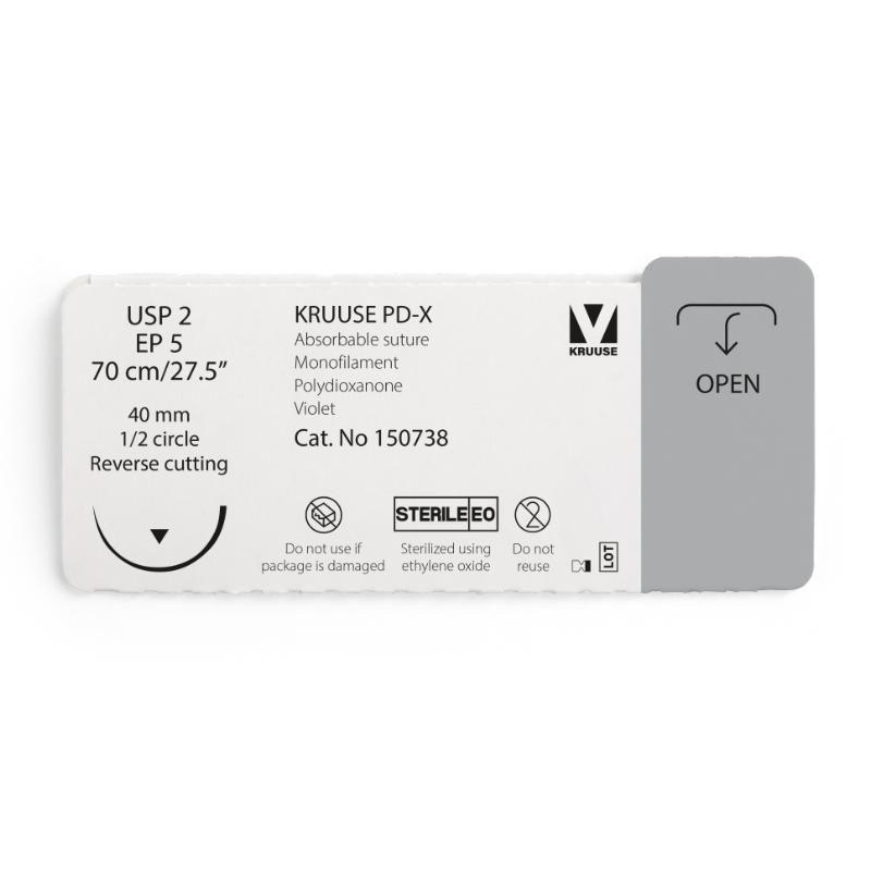 KRUUSE PD-X Suture, USP 2/EP 5, 70 cm/27.5", violet, 40 mm needle, 1/2 circle, reverse cutting, 12/pk KRUUSE PD-X Suture, USP 2/EP 5, 70 cm/27.5", violet, 40 mm needle, 1/2 circle, reverse cutting, 12/pk
