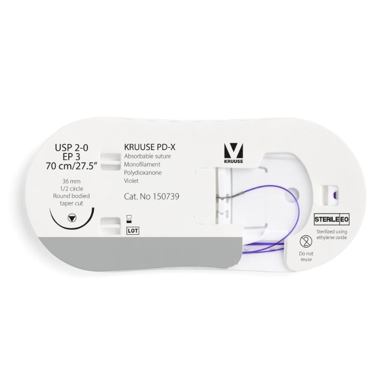 KRUUSE PD-X Suture, USP 2-0/EP 3, 70 cm/27.5", violet, 36 mm needle, 1/2 circle, round bodied, taper cut, 12/pk KRUUSE PD-X Suture, USP 2-0/EP 3, 70 cm/27.5", violet, 36 mm needle, 1/2 circle, round bodied, taper cut, 12/pk