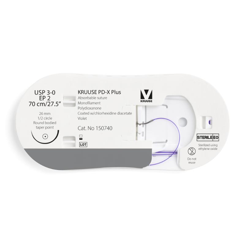 KRUUSE PD-X Plus Suture, USP 3-0/EP 2, 70 cm/27.5", violet, 26 mm needle, 1/2 circle, round bodied, taper point, 12/pk KRUUSE PD-X Plus Suture, USP 3-0/EP 2, 70 cm/27.5", violet, 26 mm needle, 1/2 circle, round bodied, taper point, 12/pk