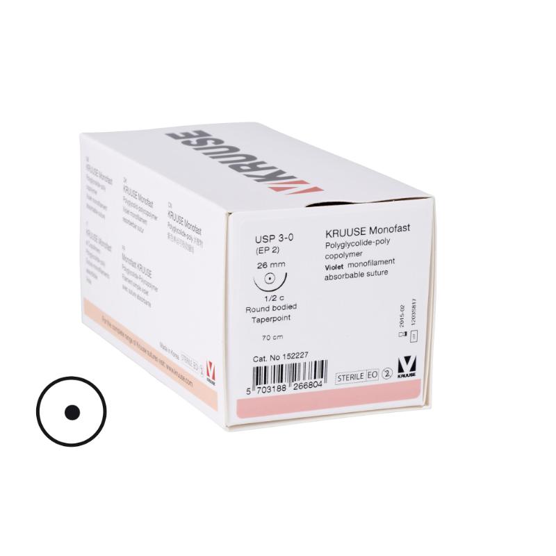 KRUUSE Monofast Suture, USP 3-0, 70 cm, needle: 26 mm, round bodied - taper point, 1/2 circle, 18/pk KRUUSE Monofast Suture, USP 3-0, 70 cm, needle: 26 mm, round bodied - taper point, 1/2 circle, 18/pk