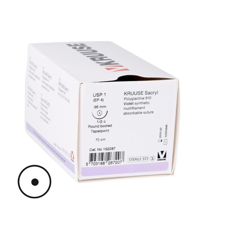 KRUUSE Sacryl Suture, USP 1, 70 cm, needle: 36 mm, round bodied - taper-point, ½ circle, 18/pk KRUUSE Sacryl Suture, USP 1, 70 cm, needle: 36 mm, round bodied - taper-point, ½ circle, 18/pk