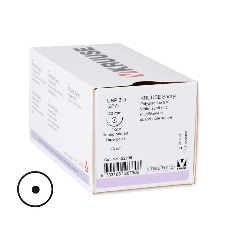 KRUUSE Sacryl Suture, USP 3-0, 70 cm, needle: 22 mm, round bodied - taper-point, ½ circle, 18/pk KRUUSE Sacryl Suture, USP 3-0, 70 cm, needle: 22 mm, round bodied - taper-point, ½ circle, 18/pk