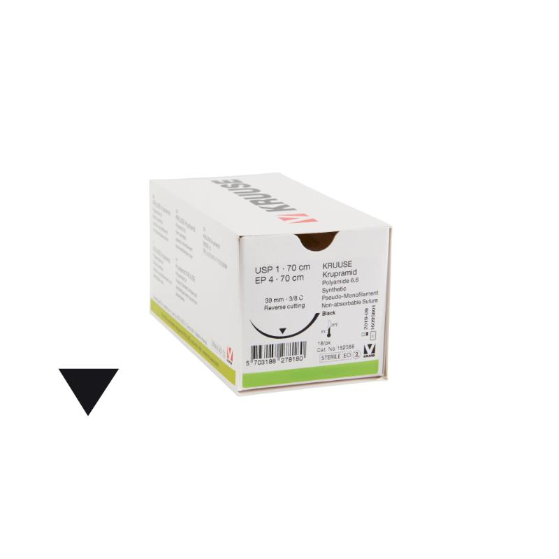KRUUSE Krupramid Suture, USP 1, 70 cm, black, 39 mm, 3/8 C, RC, 18/pk KRUUSE Krupramid Suture, USP 1, 70 cm, black, 39 mm, 3/8 C, RC, 18/pk
