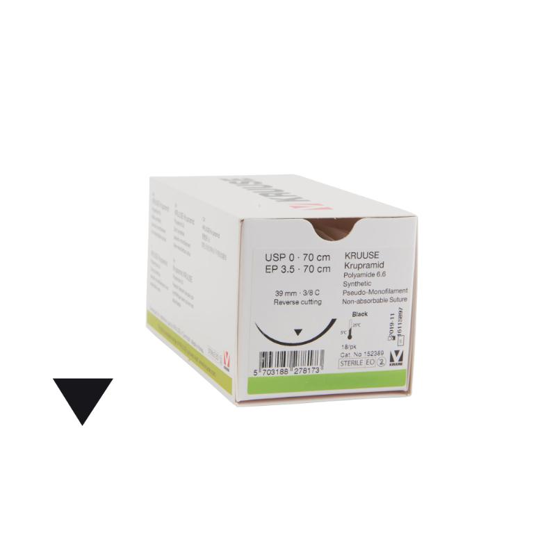 KRUUSE Krupramid Suture, USP 0, 70 cm, black, 39 mm, 3/8 C, RC, 18/pk KRUUSE Krupramid Suture, USP 0, 70 cm, black, 39 mm, 3/8 C, RC, 18/pk
