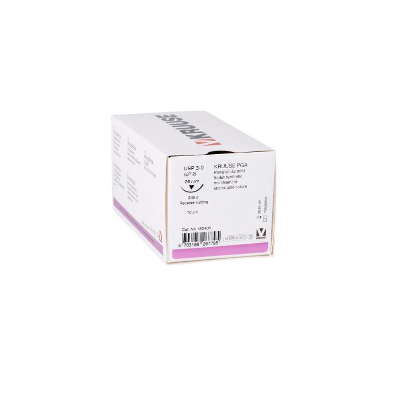 KRUUSE PGA Suture, USP 3-0, 70 cm, needle: 26 mm, reverse cutting, 3/8 circle, 18/pk KRUUSE PGA Suture, USP 3-0, 70 cm, needle: 26 mm, reverse cutting, 3/8 circle, 18/pk