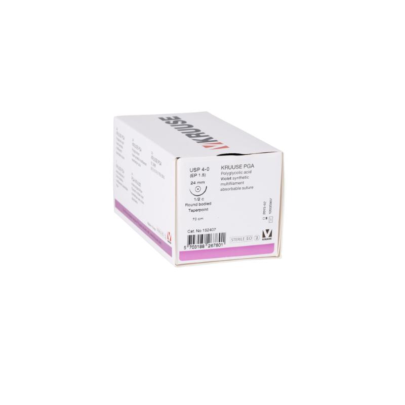 KRUUSE PGA Suture, USP 4-0, 70 cm, needle: 24 mm, round-bodied - taper-point, ½ circle, 18/pk KRUUSE PGA Suture, USP 4-0, 70 cm, needle: 24 mm, round-bodied - taper-point, ½ circle, 18/pk