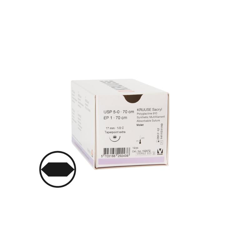 KRUUSE Sacryl Suture, USP 5-0, 70 cm violet, 17 mm needle, ½ C, round bodied taperpoint extra, 18/pk KRUUSE Sacryl Suture, USP 5-0, 70 cm violet, 17 mm needle, ½ C, round bodied taperpoint extra, 18/pk