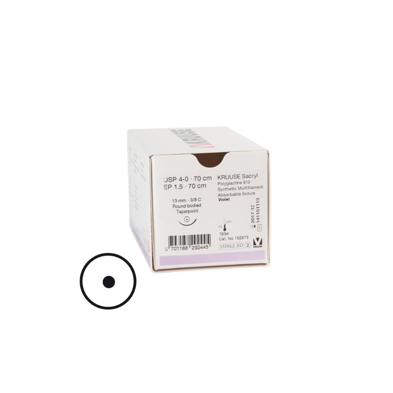 KRUUSE Sacryl Suture, USP 4-0, 70 cm, violet, 13 mm needle, 3/8 C, round bodied taperpoint, 18/pk KRUUSE Sacryl Suture, USP 4-0, 70 cm, violet, 13 mm needle, 3/8 C, round bodied taperpoint, 18/pk