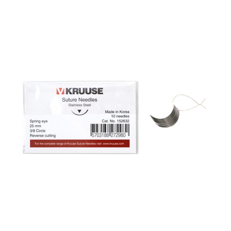 KRUUSE Suture Needle, spring eye, 3/8 circle, reverse cutting, 25 mm, 10/pk KRUUSE Suture Needle, spring eye, 3/8 circle, reverse cutting, 25 mm, 10/pk