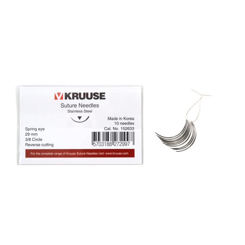 KRUUSE Suture Needle, spring eye, 3/8 circle, reverse cutting, 29 mm, 10/pk KRUUSE Suture Needle, spring eye, 3/8 circle, reverse cutting, 29 mm, 10/pk