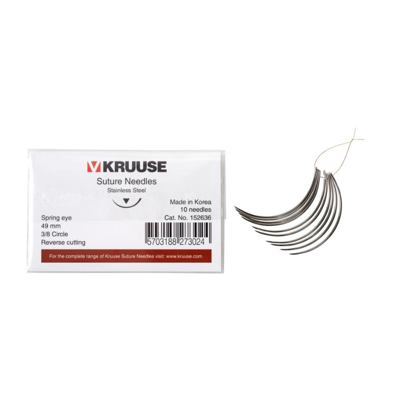 KRUUSE Suture Needle, spring eye, 3/8 circle, reverse cutting, 49 mm, 10/pk KRUUSE Suture Needle, spring eye, 3/8 circle, reverse cutting, 49 mm, 10/pk