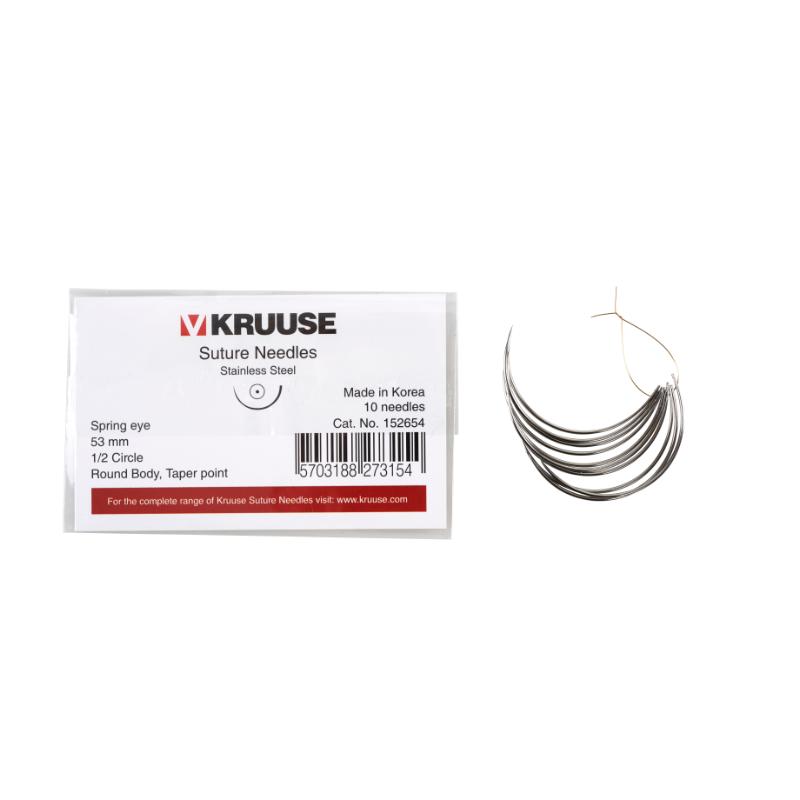 KRUUSE Suture Needle, spring eye, 1/2 circle, round body, taper point, 53 mm, 10/pk KRUUSE Suture Needle, spring eye, 1/2 circle, round body, taper point, 53 mm, 10/pk