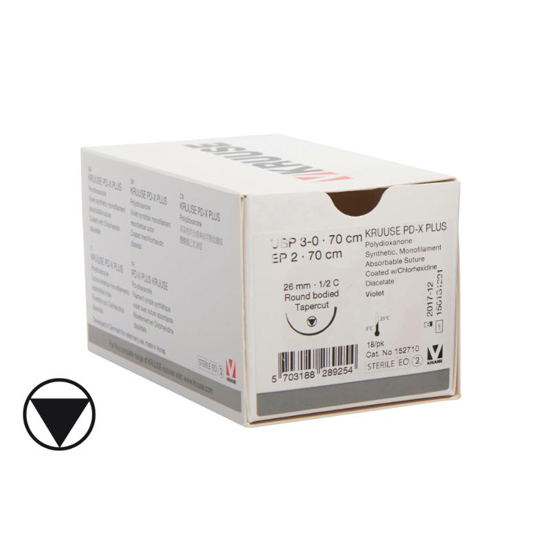 KRUUSE PD-X Plus Suture, USP 3-0, 70 cm, 26 mm, ½ C, RB, tapercut, 18/pk KRUUSE PD-X Plus Suture, USP 3-0, 70 cm, 26 mm, ½ C, RB, tapercut, 18/pk