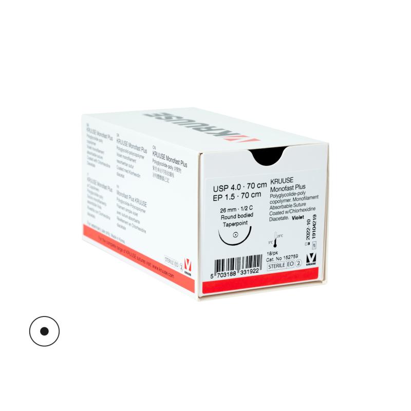 KRUUSE Monofast Plus Suture, USP 4-0/EP 1.5, 70 cm, violet, needle: 26 mm, ½ C, round bodied, taperpoint, 18/pk KRUUSE Monofast Plus Suture, USP 4-0/EP 1.5, 70 cm, violet, needle: 26 mm, ½ C, round bodied, taperpoint, 18/pk