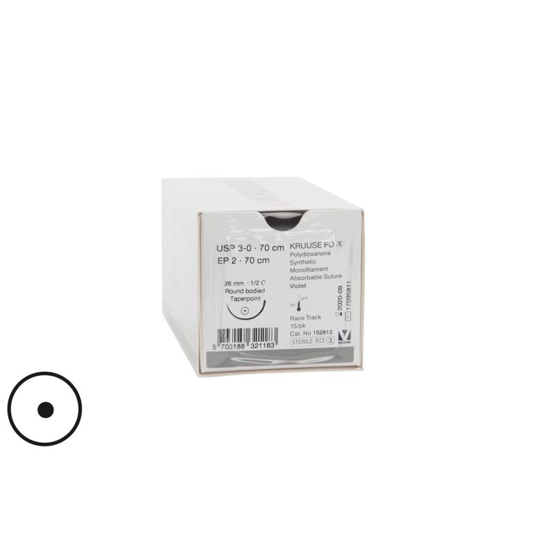 KRUUSE PD-X Suture, USP 3-0, 70 cm, 26 mm needle, ½ C, RB, race-track, 15/pk KRUUSE PD-X Suture, USP 3-0, 70 cm, 26 mm needle, ½ C, RB, race-track, 15/pk