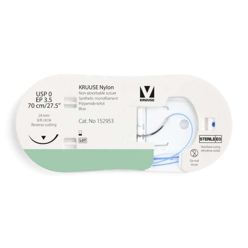 KRUUSE Nylon Suture, USP 0/EP 3.5, 70 cm/27.5", blue, 24 mm needle, 3/8 circle, reverse cutting, 12/pk
KRUUSE Nylon Suture, USP 0/EP 3.5, 70 cm/27.5", blue, 24 mm needle, 3/8 circle, reverse cutting, 12/pk