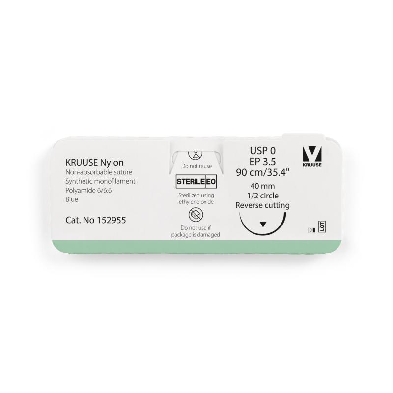 KRUUSE Nylon Suture, USP 0/EP 3.5, 90 cm/35.4", blue, 40 mm needle, ½ circle, reverse cutting, 12/pk
KRUUSE Nylon Suture, USP 0/EP 3.5, 90 cm/35.4", blue, 40 mm needle, ½ circle, reverse cutting, 12/pk