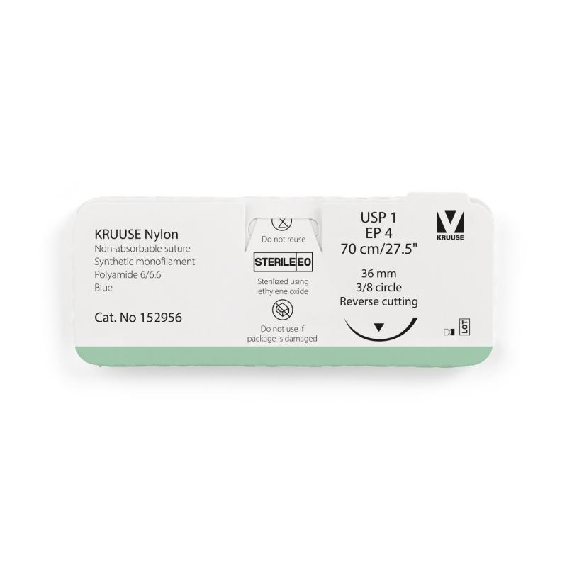 KRUUSE Nylon Suture, USP 1/EP 4, 70 cm/27.5", blue, 36 mm needle, 3/8 circle, reverse cutting, 12/pk
KRUUSE Nylon Suture, USP 1/EP 4, 70 cm/27.5", blue, 36 mm needle, 3/8 circle, reverse cutting, 12/pk