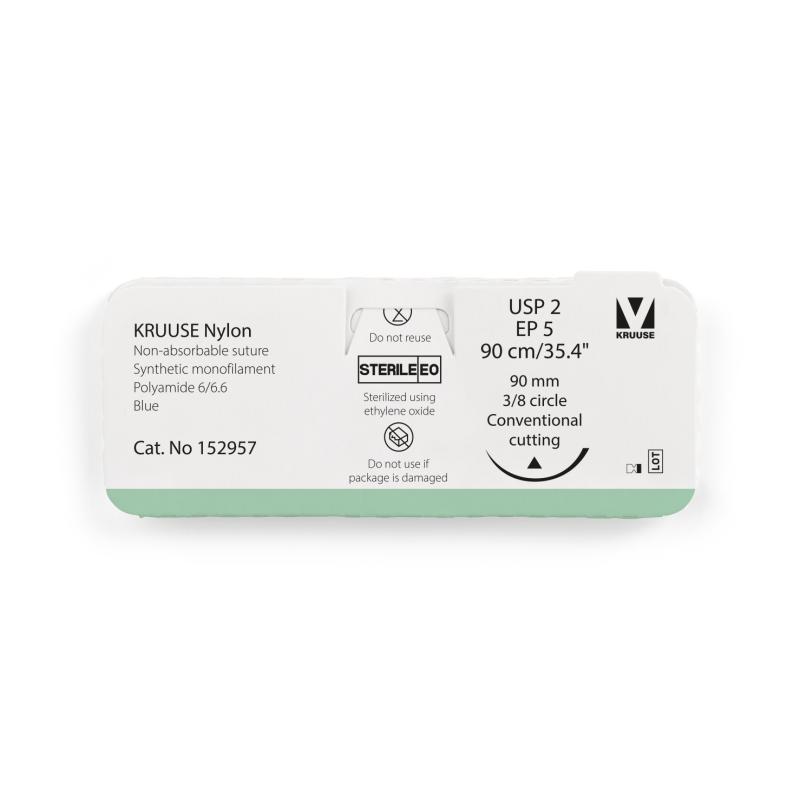 KRUUSE Nylon Suture, USP 2/EP 5, 90 cm/35.4", blue, 90 mm needle, 3/8 circle, conventional cutting, 12/pk
KRUUSE Nylon Suture, USP 2/EP 5, 90 cm/35.4", blue, 90 mm needle, 3/8 circle, conventional cutting, 12/pk