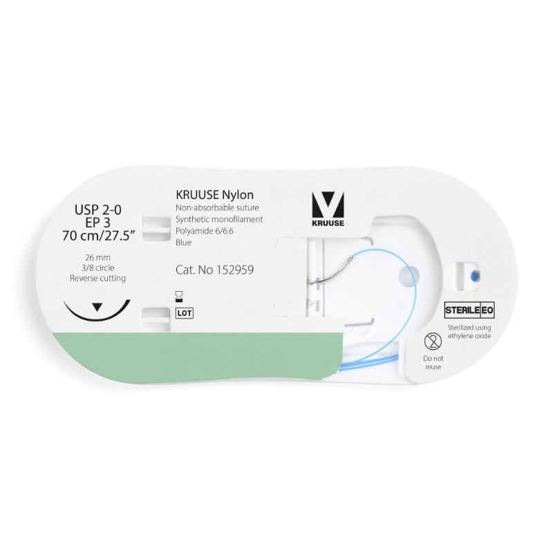 KRUUSE Nylon Suture, USP 2-0/EP 3, 70 cm/27.5", blue, 26 mm needle, 3/8 circle, reverse cutting, 12/pk
KRUUSE Nylon Suture, USP 2-0/EP 3, 70 cm/27.5", blue, 26 mm needle, 3/8 circle, reverse cutting, 12/pk