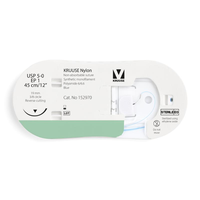 KRUUSE Nylon Suture, USP 5-0/EP 1, 45 cm/12", blue, 19 mm needle, 3/8 circle, reverse cutting, 12/pk
KRUUSE Nylon Suture, USP 5-0/EP 1, 45 cm/12", blue, 19 mm needle, 3/8 circle, reverse cutting, 12/pk