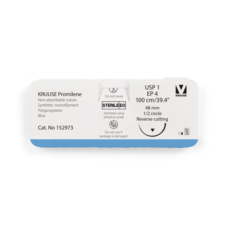 KRUUSE Promilene Suture, USP 1/EP 4, 100 cm/39.4", blue, 48 mm needle, ½ circle, reverse cutting, 12/pk
KRUUSE Promilene Suture, USP 1/EP 4, 100 cm/39.4", blue, 48 mm needle, ½ circle, reverse cutting, 12/pk
