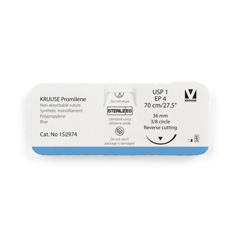 KRUUSE Promilene Suture, USP 1/EP 4, 70 cm/27.5", blue, 36 mm needle, 3/8 circle, reverse cutting, 12/pk
KRUUSE Promilene Suture, USP 1/EP 4, 70 cm/27.5", blue, 36 mm needle, 3/8 circle, reverse cutting, 12/pk