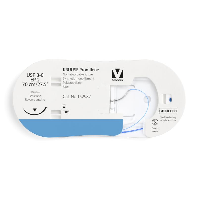 KRUUSE Promilene Suture, USP 3-0/EP 2, 70 cm/27.5", blue, 30 mm needle, 3/8 circle, reverse cutting, 12/pk
KRUUSE Promilene Suture, USP 3-0/EP 2, 70 cm/27.5", blue, 30 mm needle, 3/8 circle, reverse cutting, 12/pk