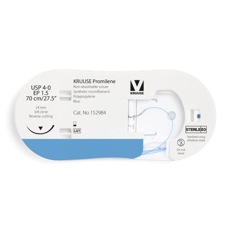 KRUUSE Promilene Suture, USP 4-0/EP 1.5, 70 cm/27.5", blue, 24 mm needle, 3/8 circle, reverse cutting, 12/pk
KRUUSE Promilene Suture, USP 4-0/EP 1.5, 70 cm/27.5", blue, 24 mm needle, 3/8 circle, reverse cutting, 12/pk