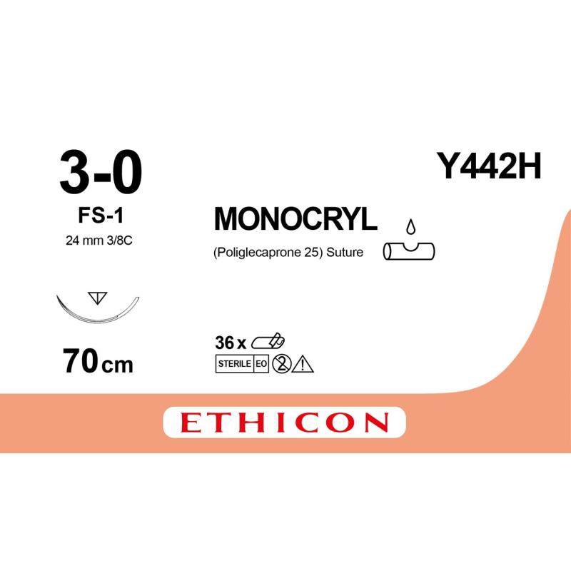 Monocryl 3/0, FS-1 needle, 70 cm, Y442H, 36/pk Monocryl 3/0, FS-1 needle, 70 cm, Y442H, 36/pk