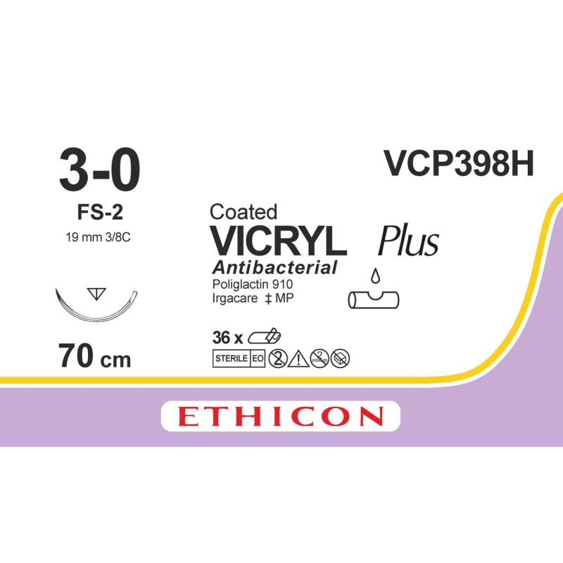 Vicryl Plus, USP 3/0, FS-2 needle, 70 cm, 36/pk
Vicryl Plus, USP 3/0, FS-2 needle, 70 cm, 36/pk