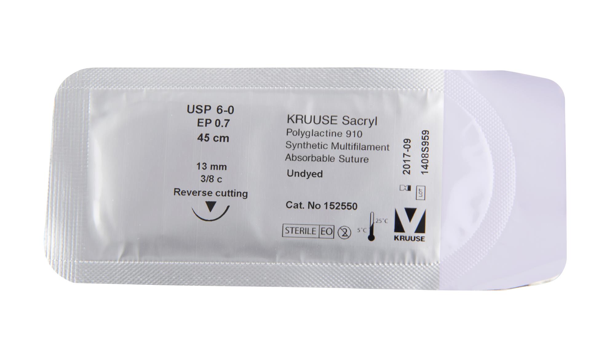 KRUUSE Sacryl suture, USP 6-0, 45 cm, undyed, 13 mm, 3/8C