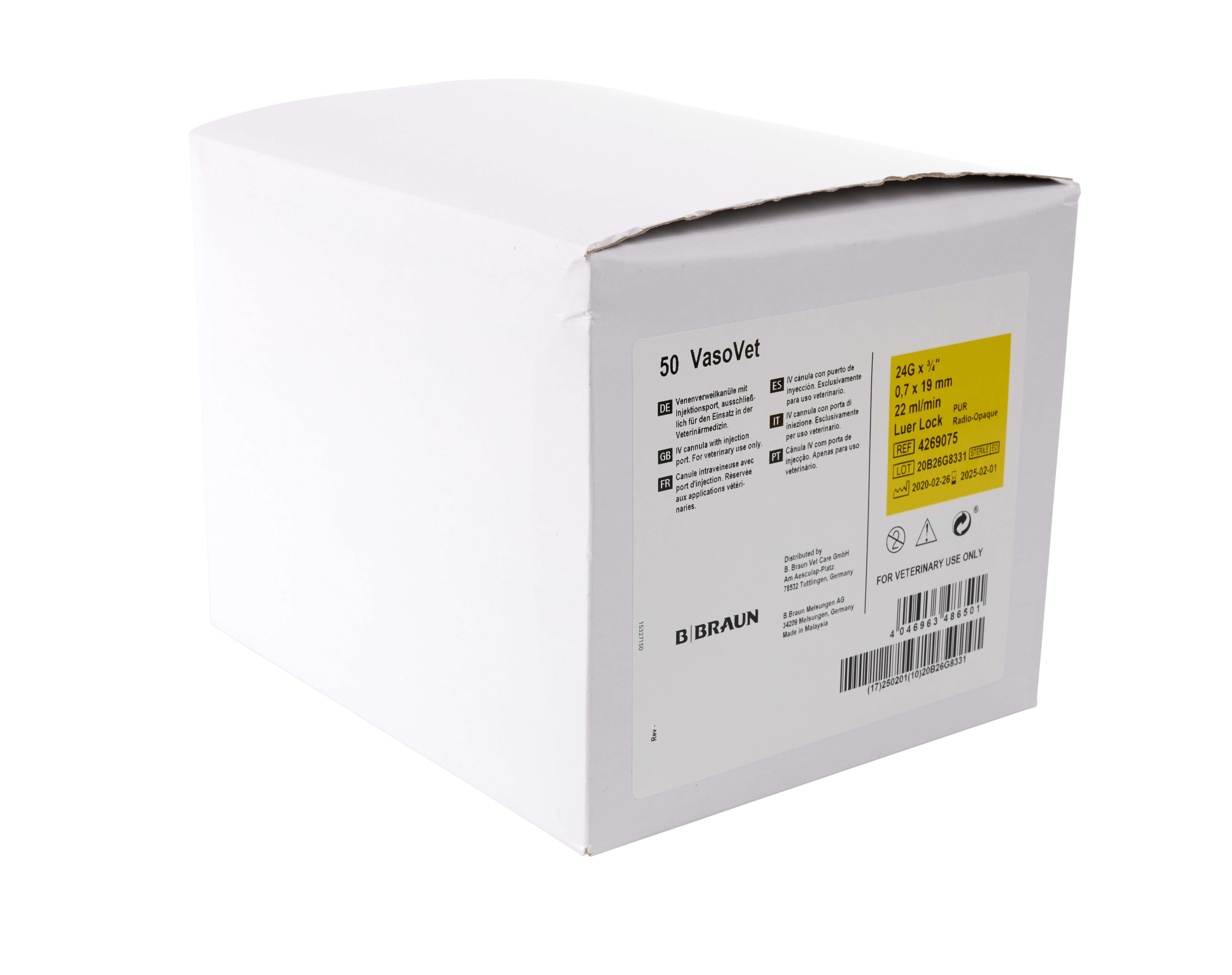 BRAUN VasoVet Infusionskanyl, gul, 0,7 x 19 mm, 50 st