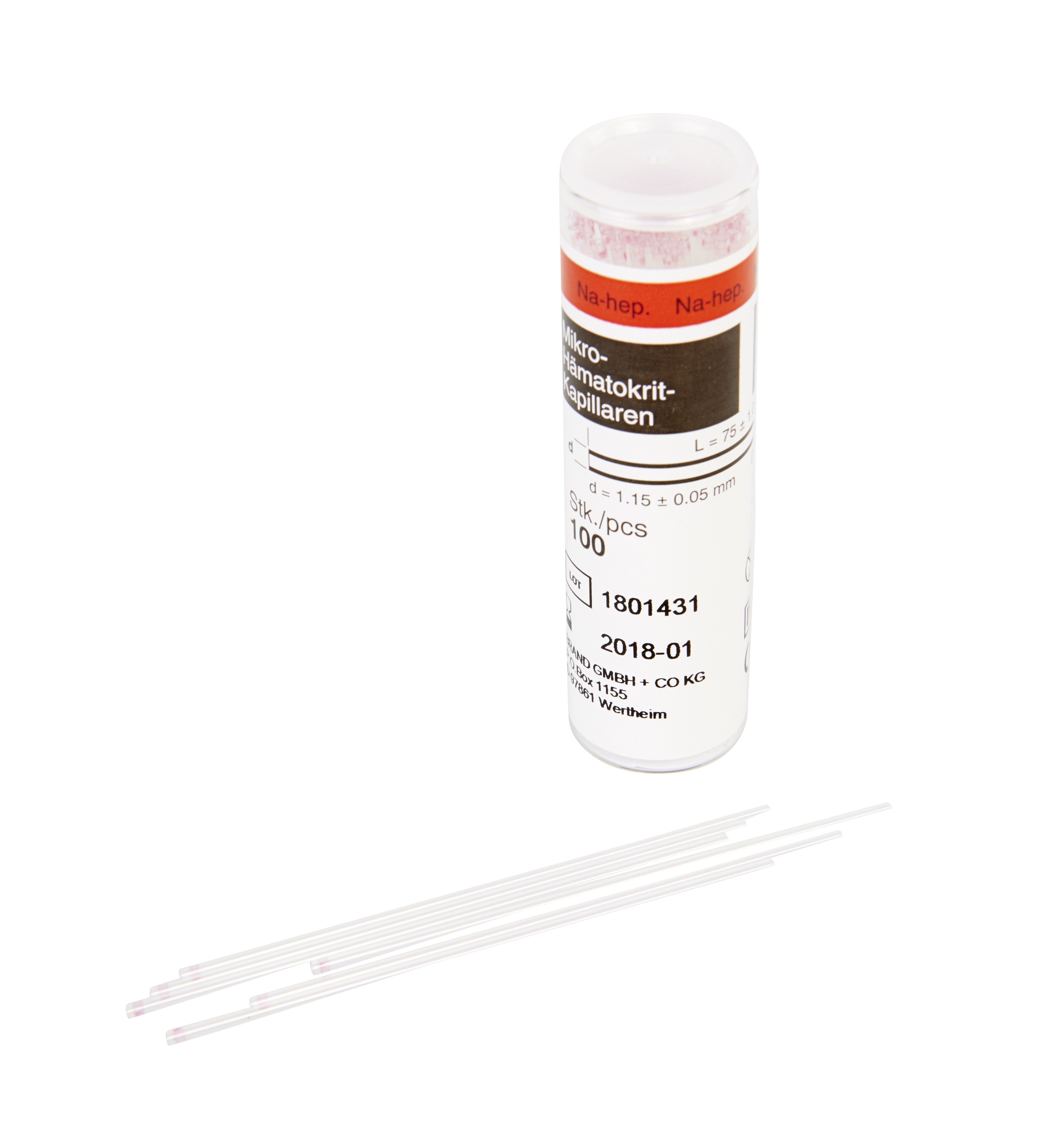 Hematocrit tubes with heparin, 75 uL, 100/pk