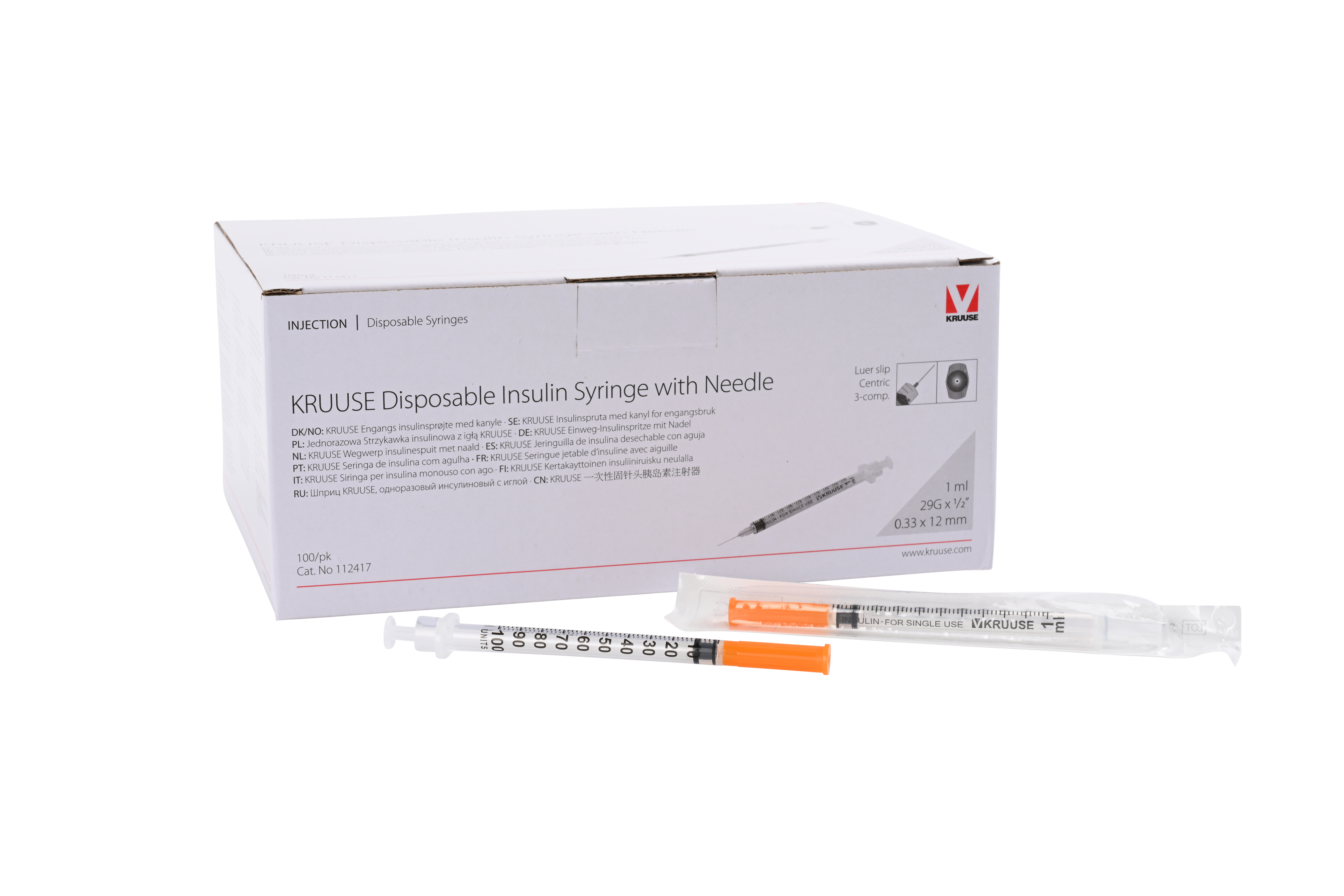 KRUUSE Insulin Disposable Syringe, 3-comp.,1 ml, 29G x ½