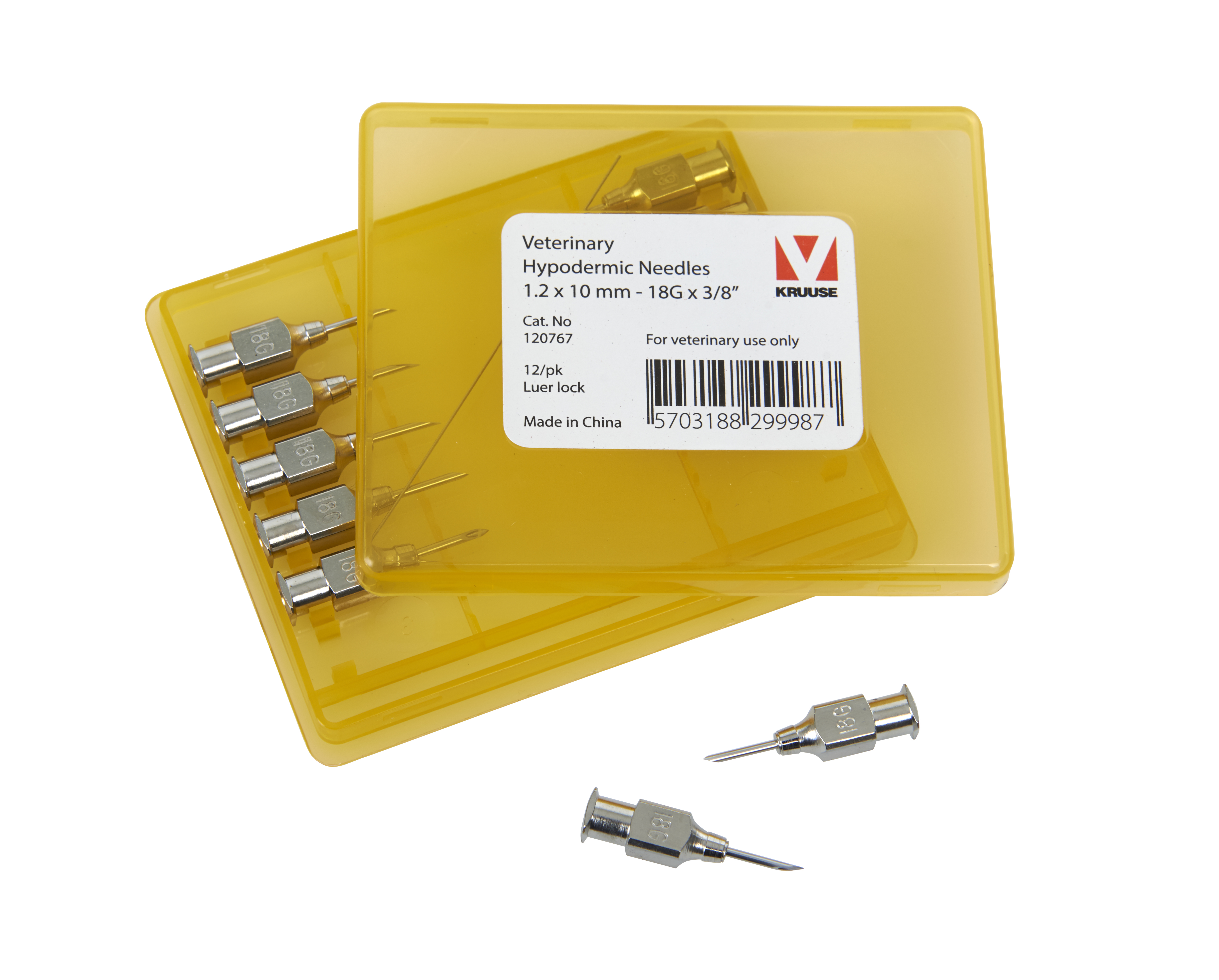 KRUUSE Vet Needles, 1.2 x 10 mm, 18G x 3/8, Luer Lock, 12/pk
