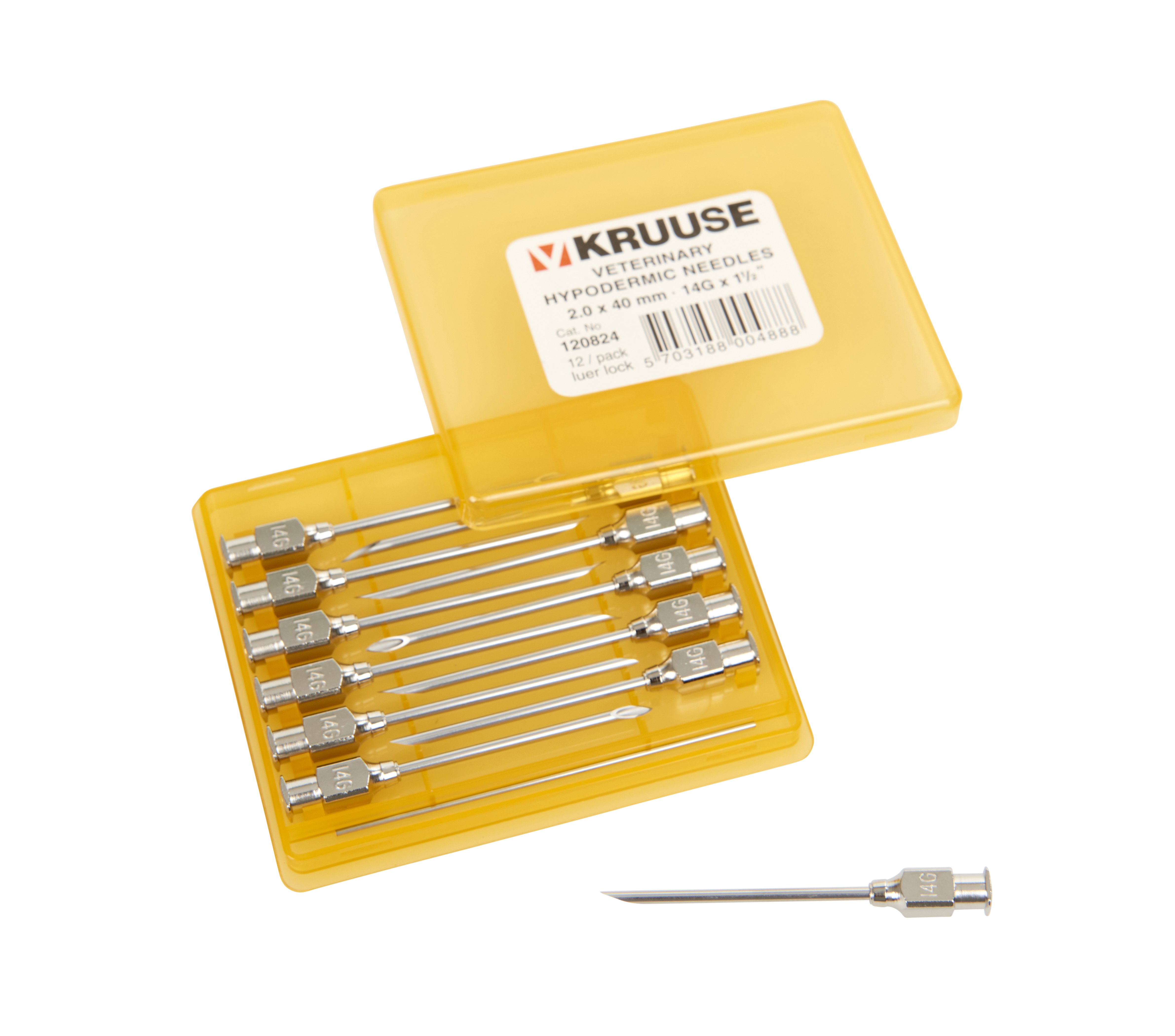 KRUUSE Vet Needles, 2.0 x 40 mm, 14G x 1 ½, Luer Lock, 12/pk