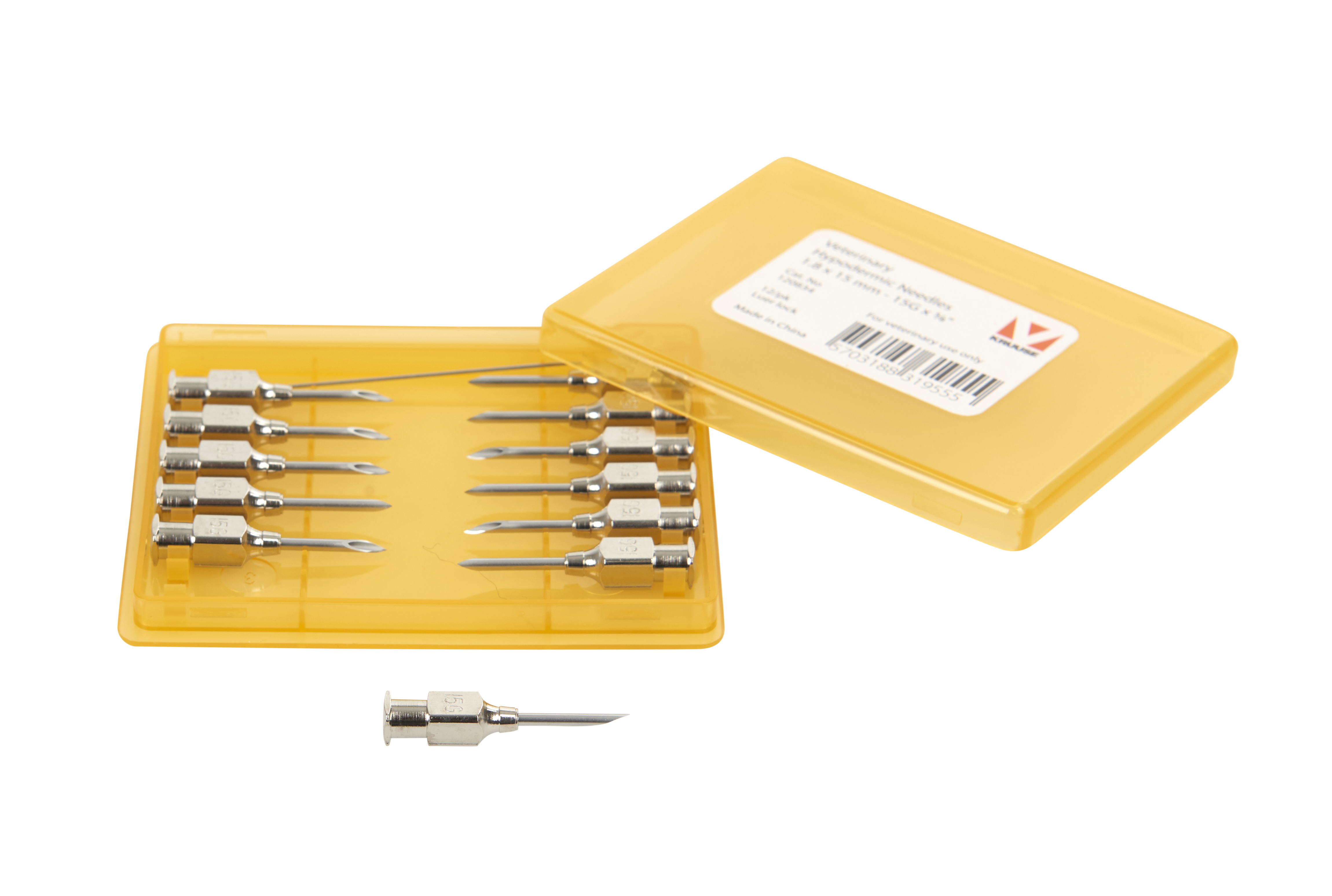 KRUUSE Vet Needles, 1.8 x 15 mm, 15G x 5/8, Luer Lock, 12/pk
