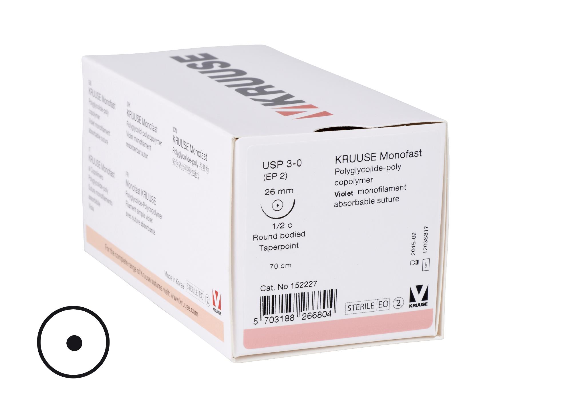 KRUUSE Monofast Suture, USP 3-0, 70 cm, needle: 26 mm, round bodied - taper point, 1/2 circle, 18/pk