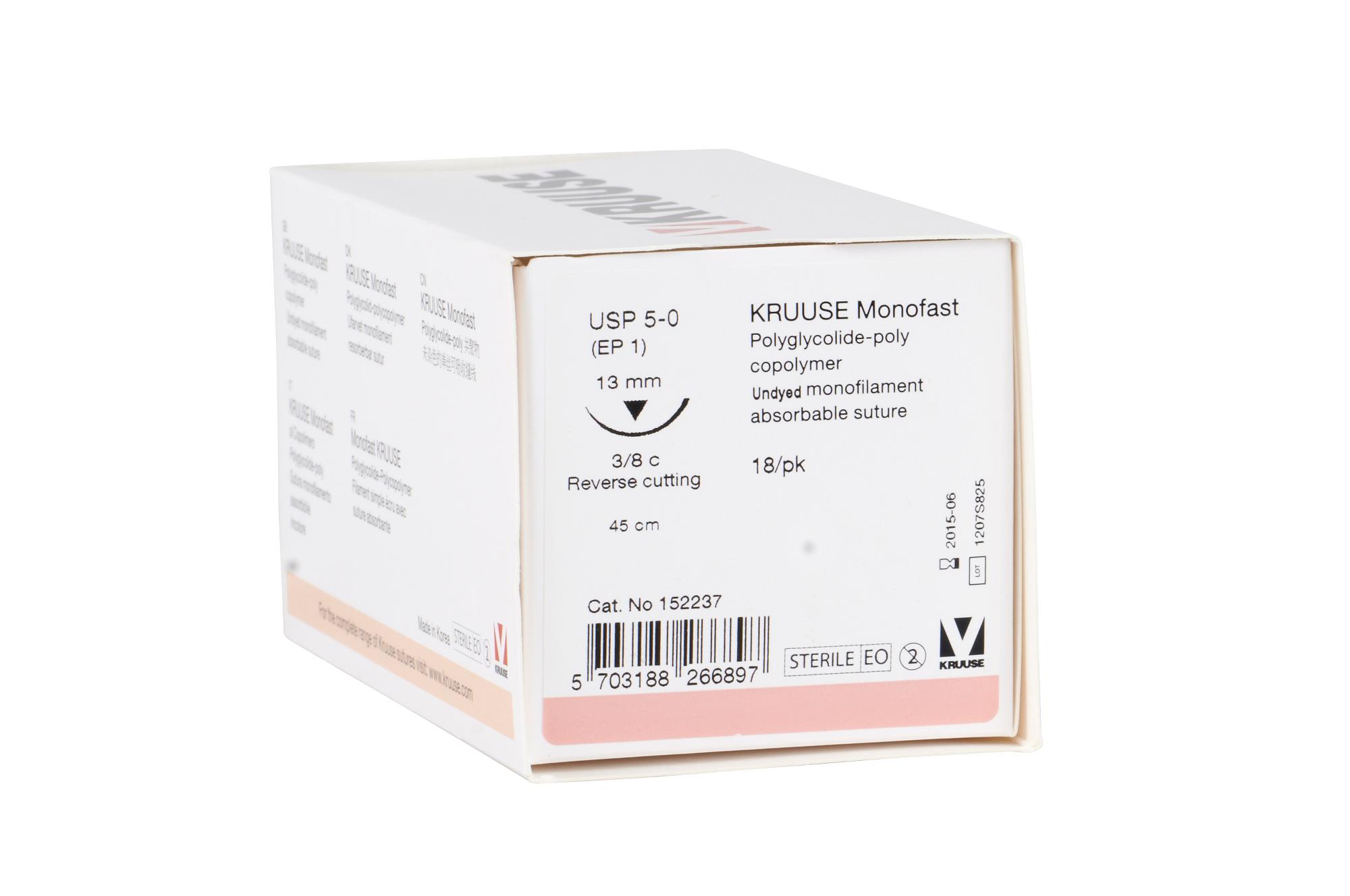 KRUUSE Monofast suture, USP 5-0, 45 cm, needle: 13 mm reverse cutting, 3/8 circle, undyed. 18/pk